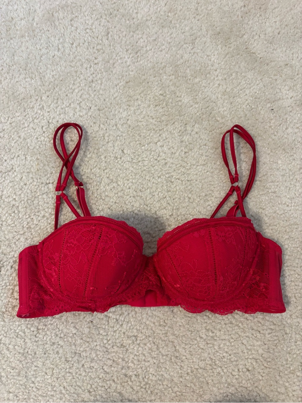 H&M Red Lace Balconette Bra with Double Straps